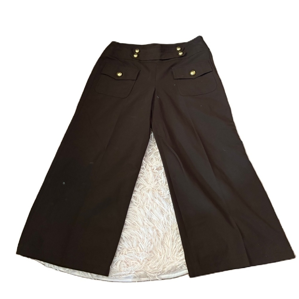 Larry Levine Chocolate Brown Stretch Pants NEW Sz 8 Wide Leg Gold Button Accent
